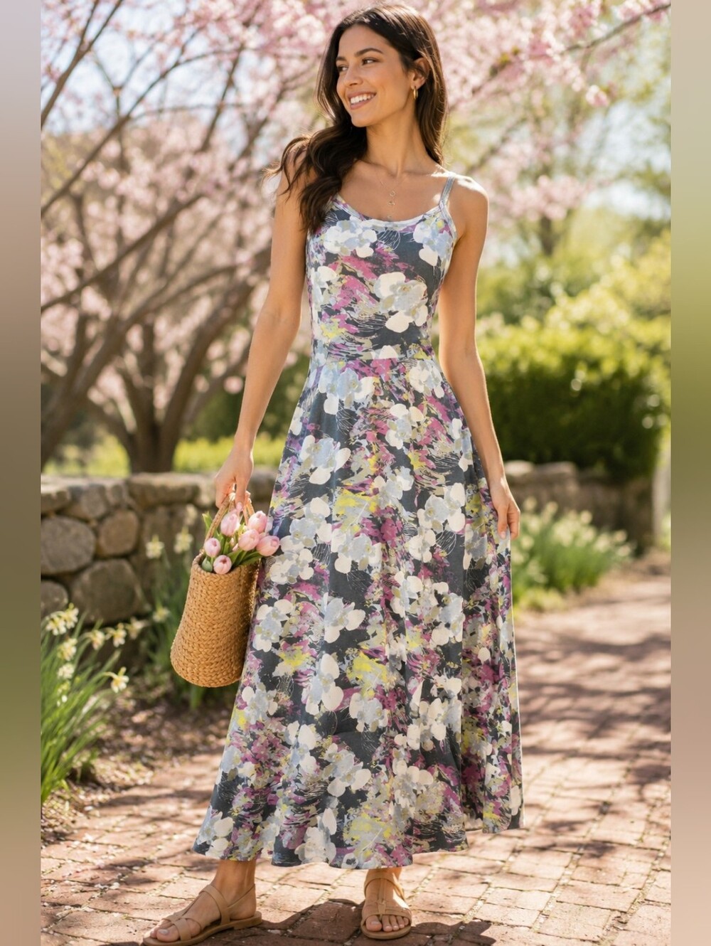 Pact Organic Cotton Maxi Dress Small Floral Print Sleeveless Racerback (0253)